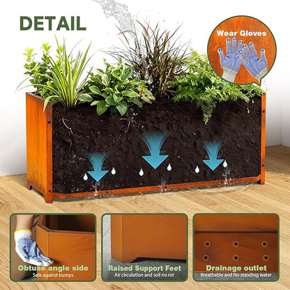 Corten Steel Planter Box-32"x15"x15"-Large Rectangular Planters For Outdoor Plants, Heavy Duty Rustic Tall Planter With Raised Support Feet For Patio, Deck, Garden, Yard, Drain Holes, Easy Assembly
