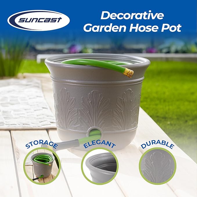 Suncast 2 Pack 300 Foot Heavy Duty 5 Gallon Decorative Plastic Hose Pot for Expandable and Lightweight Hoses, Ideal for Garden, Patio and Backyard Use