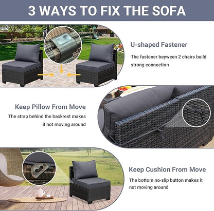 Jing's Villa 8-Piece Patio Furniture Set, All-Weather Outdoor Wicker Sectional Sofa with Cushions, Glass Table & Left and Right Armrest, Rattan Conversation Seating for Porch, Garden, Backyard,Grey