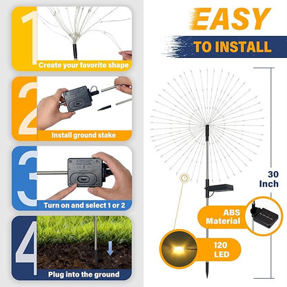 Solar Garden Lights Outdoor Decorative, 4pack 120 LED Firework Lights Waterproof，Solar Fairy Lights for Outside,Garden,Yard, Patio,Pathway,Flowerbed,Party(Warm White)