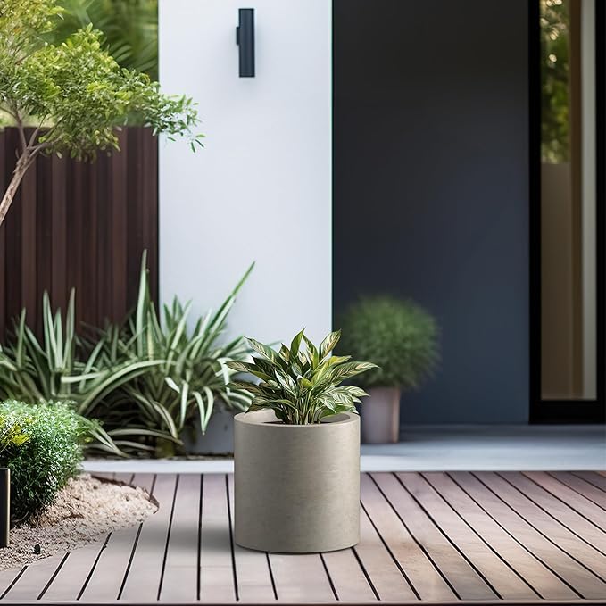 Kante 12.6" Dia Round Concrete Planter, Modern Style Large Cylindrical Plant Pot with Drainage Hole and Rubber Plug for Indoor Outdoor Patio, Weathered Concrete