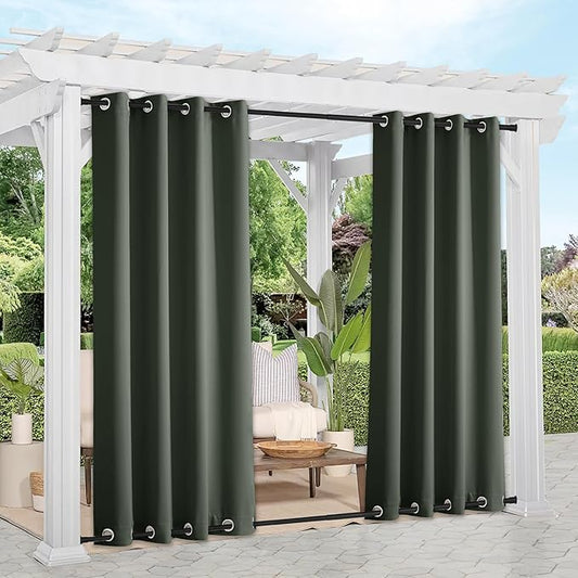 NICETOWN Outdoor Curtains 2 Panels Bottom Weighted for Patio Waterproof, Grommet Thermal Insulated Fixed Windproof Blackout Outdoor Curtains Privacy for Pergola, W52 x L95, Greyish Green