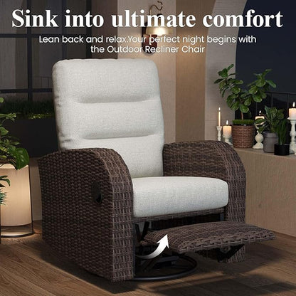 LayinSun Oversized Wicker Outdoor Swivel Glider Recliner with Adjustable Backrest & Footrest, Patio Reclining Lounge Chair