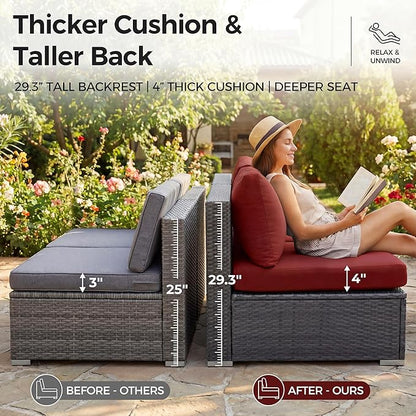 NICESOUL 13 Piece Wicker Outdoor Patio Furniture Set with Fire Pit, XL Size 10-Seater Patio Sectional with Firepit & Chaise Lounge, All Weather 500 lbs Heavy Duty Outside Sofa, Grey & Red