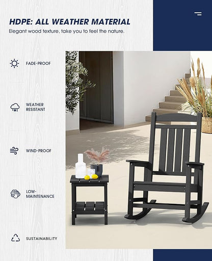 KINGYES Oversized HDPE Outdoor Rocking Chair Set of 2, Widened Seat Patio Rocking Chair, All Weather Patio Rocker, Black