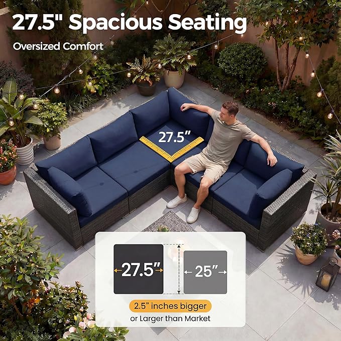 NICESOUL Extra Large 9 Pcs Outdoor Patio Furniture Set with Fireplace Natural Gas/Propane, 29.3'' High Back Modular Sectional Sofas, Modern Conversations for Outside, 2 Color Cushion Royal Blue &Grey