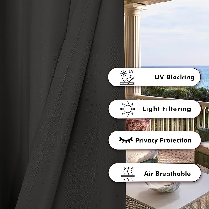 BONZER Outdoor Curtains for Patio Waterproof Thick Privacy Wide Grommet Light Filtering Outside Curtains for Porch Pergola Gazebo Deck, 1 Panel, 110W x 95L inch, Charcoal