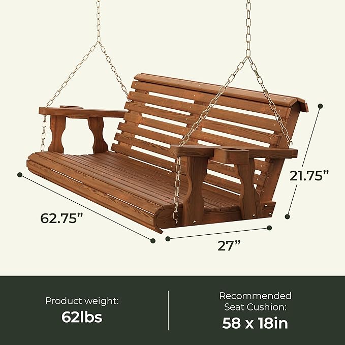 Amish Casual 6 Foot Roll Back Porch Swing with Cup Holders in Semi-Solid Black Stain - Amish Made in The USA from Treated Pine Heavy Duty 700 Lb. Weight Capacity
