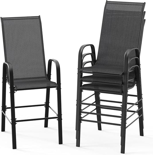 VINGLI 4 Pack Stackable Outdoor Bar Chairs – High Back Sling Chairs with Armrests, Ideal for Lawn, Courtyard, Bar, Black