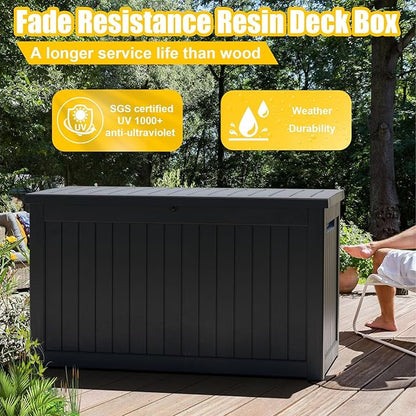 DRATO 280 Gallon Deck Box, Outdoor Large Waterproof Resin Storage Box with Lockable Lid for Patio Cushions, Gardening Tools（Black，280 Gallon）