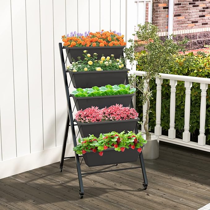 Giantex Vertical Raised Garden Bed on Wheels, Elevated Planter Raised Beds with Water Drainage, Freestanding 5 Container Boxes for Vegetables and Flowers Growing, Outdoor Indoor Patio Balcony