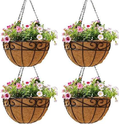 14 inch Metal Hanging Baskets For Plants Outdoor 4 Pack Round Metal Wire Hanging Basket Planter with Coco Fiber Liners Chain Round Wire Plant Holder for Garden, Patio, Deck, Porch Plants Flower Potss
