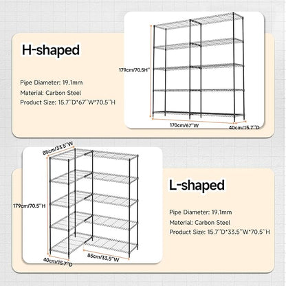 5 Tiers Storage Shelves Load 1500LBS, Metal Shelving Wire Metal Shelving Unit Shelves for Storage Adjustable Garage Shelving for Pantry Kitchen Garage Black 15.8" D x 33.5" W x 70.5" H
