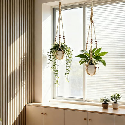 35 Inch Macrame Plant Hanger, Large for up to 15 Inch Pot Extra Long Hanging Planter Holder Basket with Wood Beads for Indoor Outdoor Home Decor (Brown, 2-Pack)