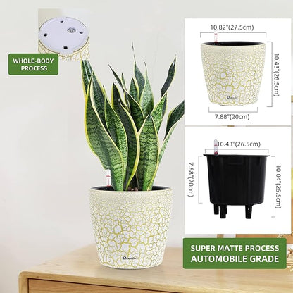 Dexceder 11x10 Inches Self Watering Planter Indoor Outdoor, Inner Pot Design, Thickened Table Flower Plant Pot with Water Level Indicator (White Gold Crackle)