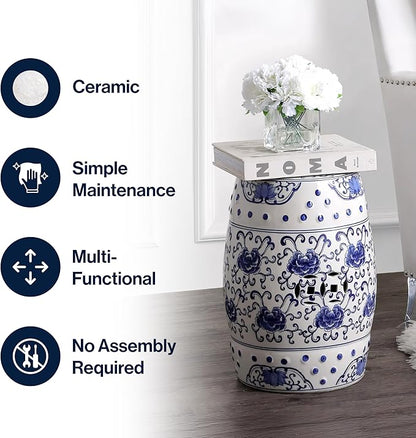 JONATHAN Y TBL1000A Lotus Flower 17.8" Chinoiserie Ceramic Drum Indoor/Outdoor Garden Stool Bohemian, Coastal, Classic, Cottage, French Country, Traditional, Bathroom, Garden Room, Patio, Blue/White