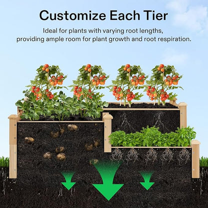 VIVOSUN 3-Tier 3-Grid Wooden Raised Garden Bed, 42.5 x 34.5 x 15 Inches, Outdoor Elevated Wood Planter Box with Screwdriver for Gardens, Patios, Backyards, Balcony and Outdoors