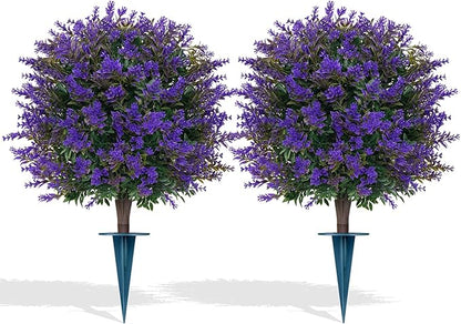 Artificial Lavender Topiary Ball for Outdoors, Set of 2 Boxwood Plant Tree with Spike, Fake Shrubs UV Resistant Faux Plants for Indoor Outdoor Decor