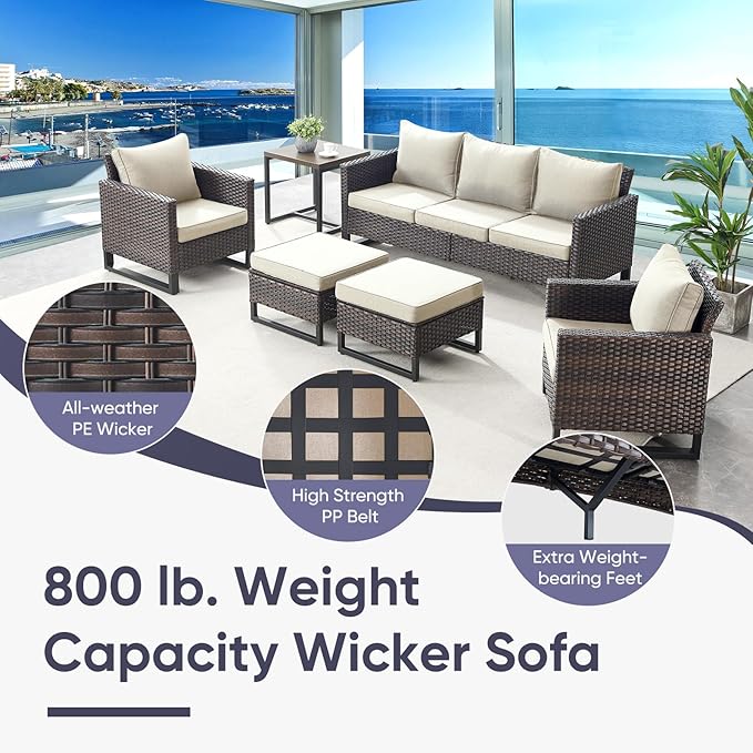 Belord 7 Pieces Patio Furniture Set with Fire Pit Table: Wicker Patio Conversation Set with Outdoor Swivel Glider Rocker Patio Couch Metal Side Table, All Weather Brown Rattan