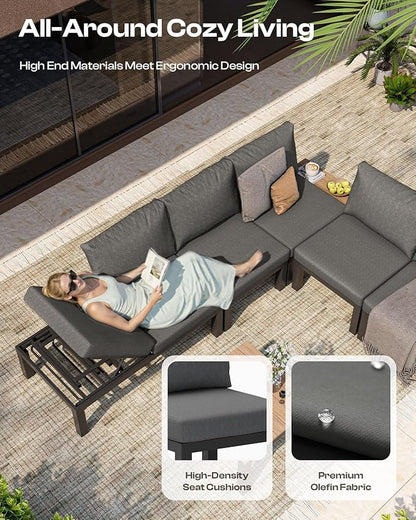 Aluminum Outdoor Patio Sofa Set, 2 Seats Modular Sectional Reclining Loveseat Sofa with Adjustable Backrest & Removable Cushions, All-Weather Conversation Sets for Garden & Yard, Graphite
