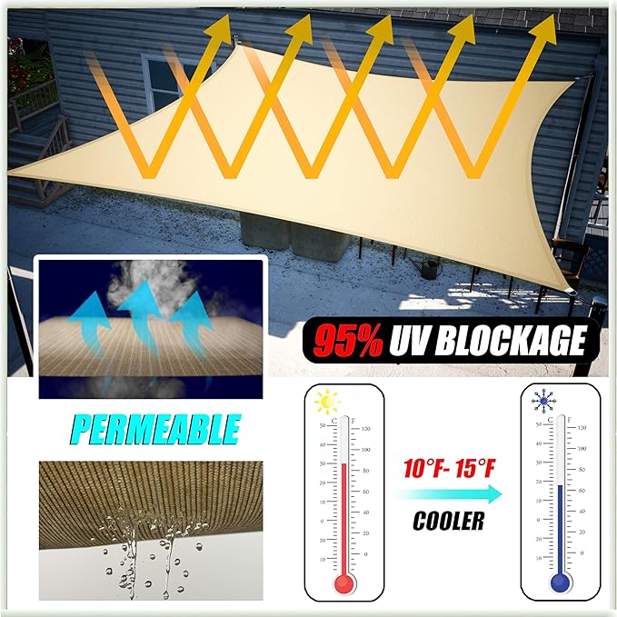 Amgo 24' x 24' x 24' Beige Triangle Sun Shade Sail UPF50+ Canopy Awning AGSLT, 95% UV Blockage, Water & Air Permeable, 200GSM Heavy Duty Commercial and Residential (We Make Custom Sizes)