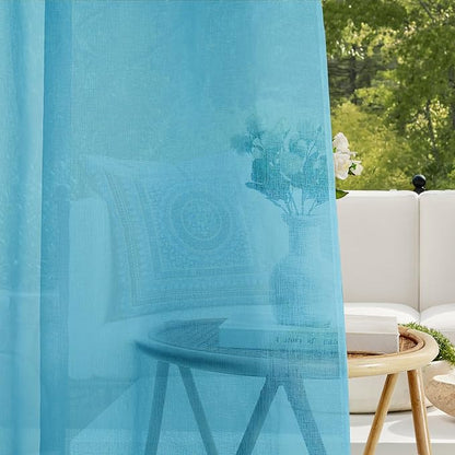 RYB HOME Outdoor Sheer Curtains Waterproof for Patio, Linen Look Semi Transparent Airy Drapes Sun Light Filter for Cabana Pavilion Balcony, 54 inch Wide by 96 inch Long, 2 Pcs, Teal