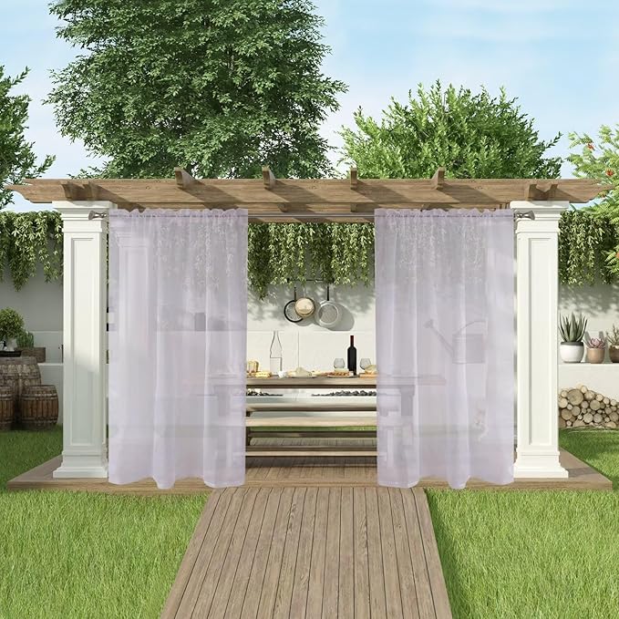 SpaceDresser Waterproof Outdoor Sheer Curtains for Patio - 2 Panels Rod Pocket Indoor Voile Sheer Curtain for Living Room,52W x 96L inch, Silver Grey