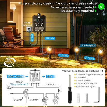Plug and Play Low Voltage Landscape Lighting Kit, 8-Pack Wired Landscape Lights with Smart Transformer, Warm White Waterproof Outdoor LED SpotLights for Yard, Garden, Pathway, Tree