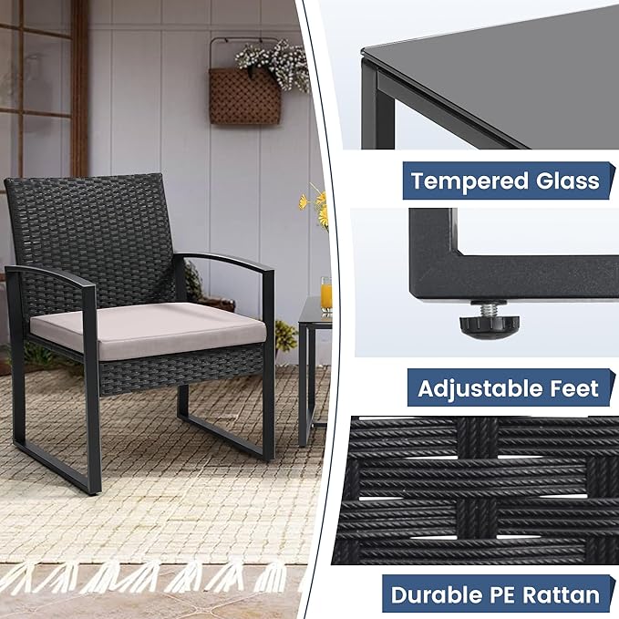 3 Piece Wicker Patio Bistro Set, Rattan Conversation Set with Coffee Table, for Balcony, Porch, Garden, Yard, Poolside, Black Frame with Grey Cushion