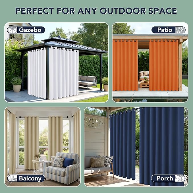 Black Outdoor Curtains for Patio Waterproof - 8 Panels Privacy Weatherproof Outside Curtains with Grommets for Pergola, Gazebo, Porch, Cabana, Balcony, 54 x 84 Inch