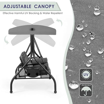 HOMREST 3 Seat Outdoor Porch Swing with 1.5" Deep Cup Holder, Adjustable Canopy,Patio Swing Bed with Stand, Patio Glider Swing with Thicken Cushions, Pillow（Grey）