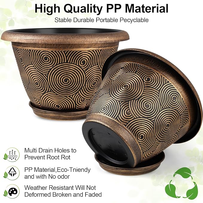 16 Inch Large Planter Pot for Plants Indoor Outdoor, 4 Pack Plastic Flower Pots with Drainage Hole & Tray, Modern Decorative Garden Pot with Saucer, Plant Container for House