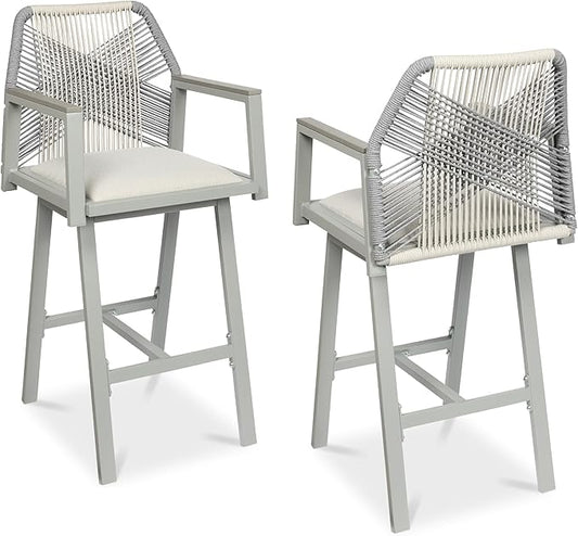 Best Choice Products Outdoor Bar Stools Set of 2, Bar Height, 360° Swivel Aluminum Frame, All-Weather Woven Rope Chair Design w/Armrests - Gray/Meteor
