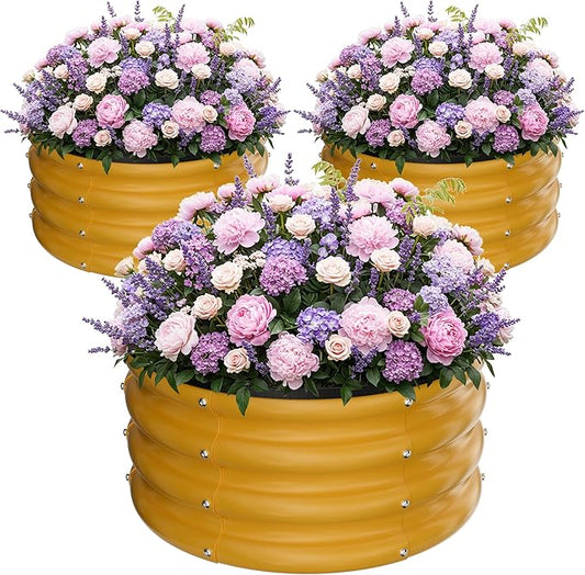 ZXZYHFTY Round Galvanized Raised Garden Bed kit,Yellow Outdoor Garden Raised Planter Box, Round Large Metal Raised Garden Beds for Vegetable 2 * 2 * 1ft 3 Pcs