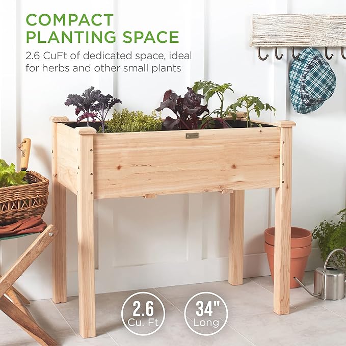 Best Choice Products 34x18x30in Raised Garden Bed, Elevated Wood Planter Box Stand for Kids, Backyard, Patio, Balcony w/Bed Liner, 150lb Capacity - Natural