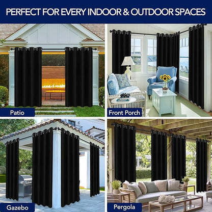PureFit Outdoor Curtains for Patio Waterproof Weatherproof, UV Resistant Outside Curtains for Gazebo, Front Porch, Pergola, Sun Blocking Privacy Curtain, 52W x 95L inch, 1 Panel, Black