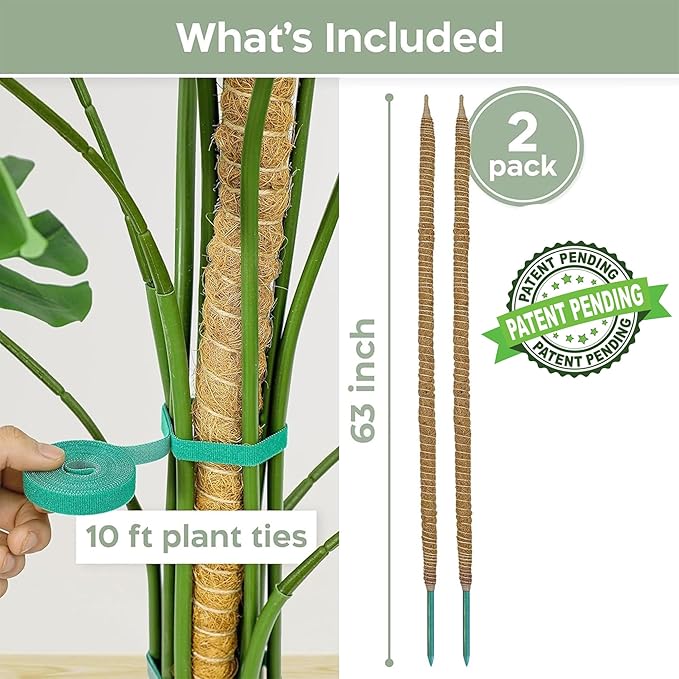 2 Pack 63'' Bendable Moss Pole Monstera Plant Support for Large Climbing Indoor Plants - Stakes for Potted Climbers - Tall Sticks Indoor Trellis for Houseplants - Accessories for Monstera Pot