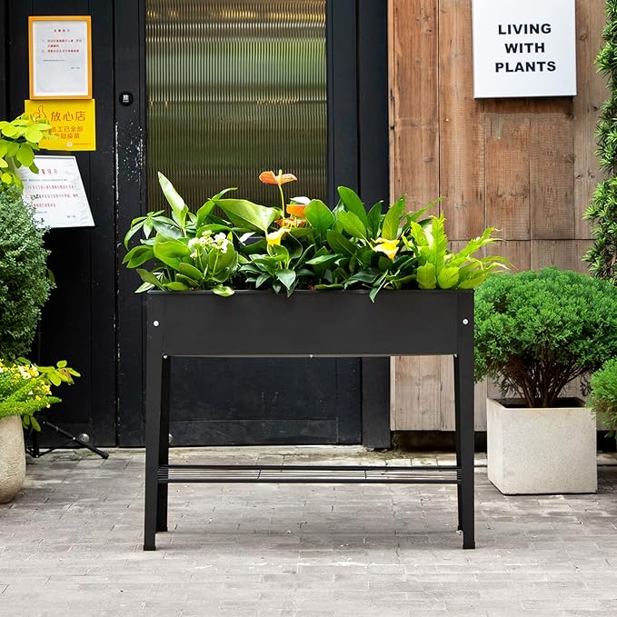 Piksedo Raised Garden Bed, Elevated Planter Metal Plant Box with Legs Standing Garden Stand Drainage Holes Frosted Black