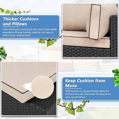 Shintenchi 7 Pieces Outdoor Patio Sectional Sofa Couch, Wicker Furniture Conversation Sets with Washable Cushions & Glass Coffee Table for Garden, Poolside, Backyard (Khaki)