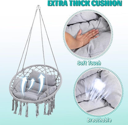 Macrame Hammock Hanging Swinging Chair with Medium Cushion, Perfect for Bedroom, Porch, Adults, Balcony, Grey