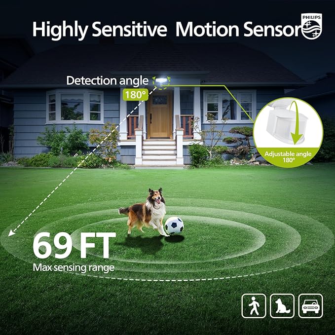 Philips 72W 7400LM LED Security Lights w/PIR Motion Sensor Outdoor, 5000K Daylight Dusk to Dawn Aluminum Flood Light, 3 Adjustable Heads, Waterproof for Garage, Yard, Porch
