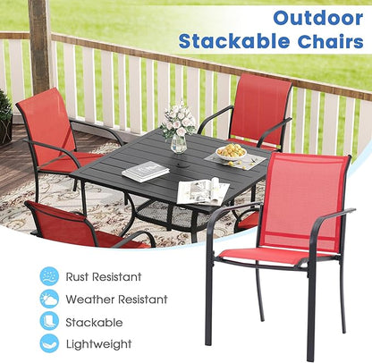 VICLLAX Patio Dining Set for 4, Outdoor Furniture Set Includes 1 Square Patio Table and 4 Stacking Patio Sling Chairs, Black Tabletop and Red Fabric