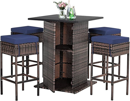 Tangkula 5 Piece Outdoor Rattan Bar Set, Patio Bar Furniture with 4 Cushions Stools and Smooth Top Table with Hidden Storage Shelf, Outdoor Conversation Set for Poolside, Backyard, Lawn (Navy Blue)