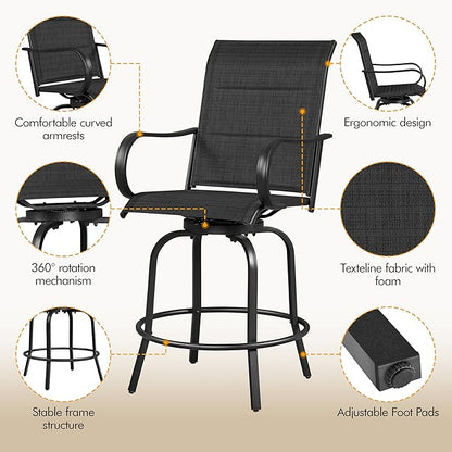 Yaheetech 4 Piece Patio Swivel Bar Stools, Texteline Outdoor Chairs with High Back/Armrest/Footrest, All Weather Padded Seating Outdoor Furniture Height for Outside, Lawn & Garden