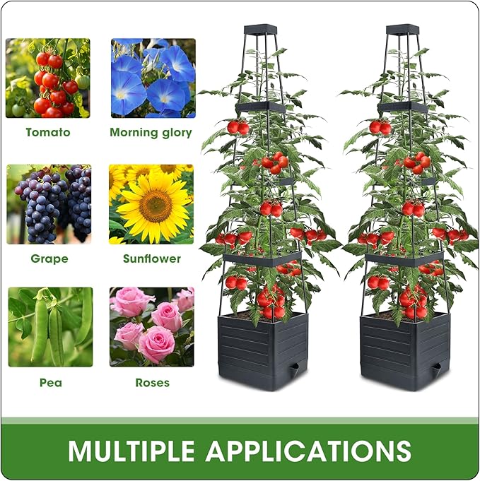 MQFORU 2 Packs Raised Garden Bed Tomato Planter with Trellis, 57" Tomato Cages for Climbing Vegetables Plant, Self Watering Planters Box for Garden Pots for Patio Greenhouse Indoor Outdoor（2PCS）