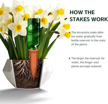 Large Terracotta Watering Spikes with Lids, Automatic Plant Waterer Outdoor | Indoor, Vacation Friendly Clay Plant Watering Devices System, Slow Release Self Watering Planter Insert, 8 Pack