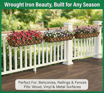 Y&M 2pcs 30" Window Boxes Horse Trough with Coconut Coir Liner,30 Inch Window Deck with Coco Liner, Black Metal Hanging Flower Planter Window Basket Deck Railing Planter Boxes for Outdoor Indoor