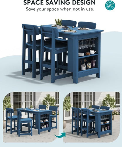 SERWALL 10-Piece HDPE Counter Height Dining Table Sets with Storage and Wine Rack, 2 Rectangular Bar Table with Bar Stools Set of 8 for Garden, Backyard, Kitchen, Blue