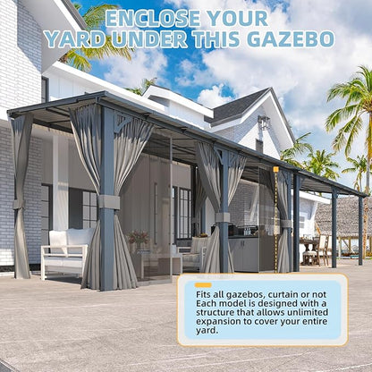 AECOJOY 16' x 12' Gazebo Outdoor Pergola with Curtains and Netting for Patio, Large Wall-Mounted Hardtop Lean to Metal Gazebo Shelter, Pergolas and Gazebos Clearance with Patio Roof Awnings for Decks