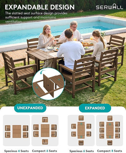 SERWALL 9-Piece Outdoor Dining Set, 60" - 83" Expandable Outdoor Dining Table and 8 HDPE Chairs, All Weather HDPE Outdoor Furniture Set for Backyard, Garden, Brown